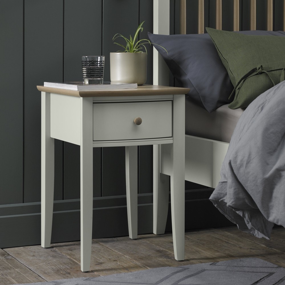 Product photograph of Bentley Designs Whitby Scandi Oak And Soft Grey 1 Drawer Bedside Cabinet from Choice Furniture Superstore.
