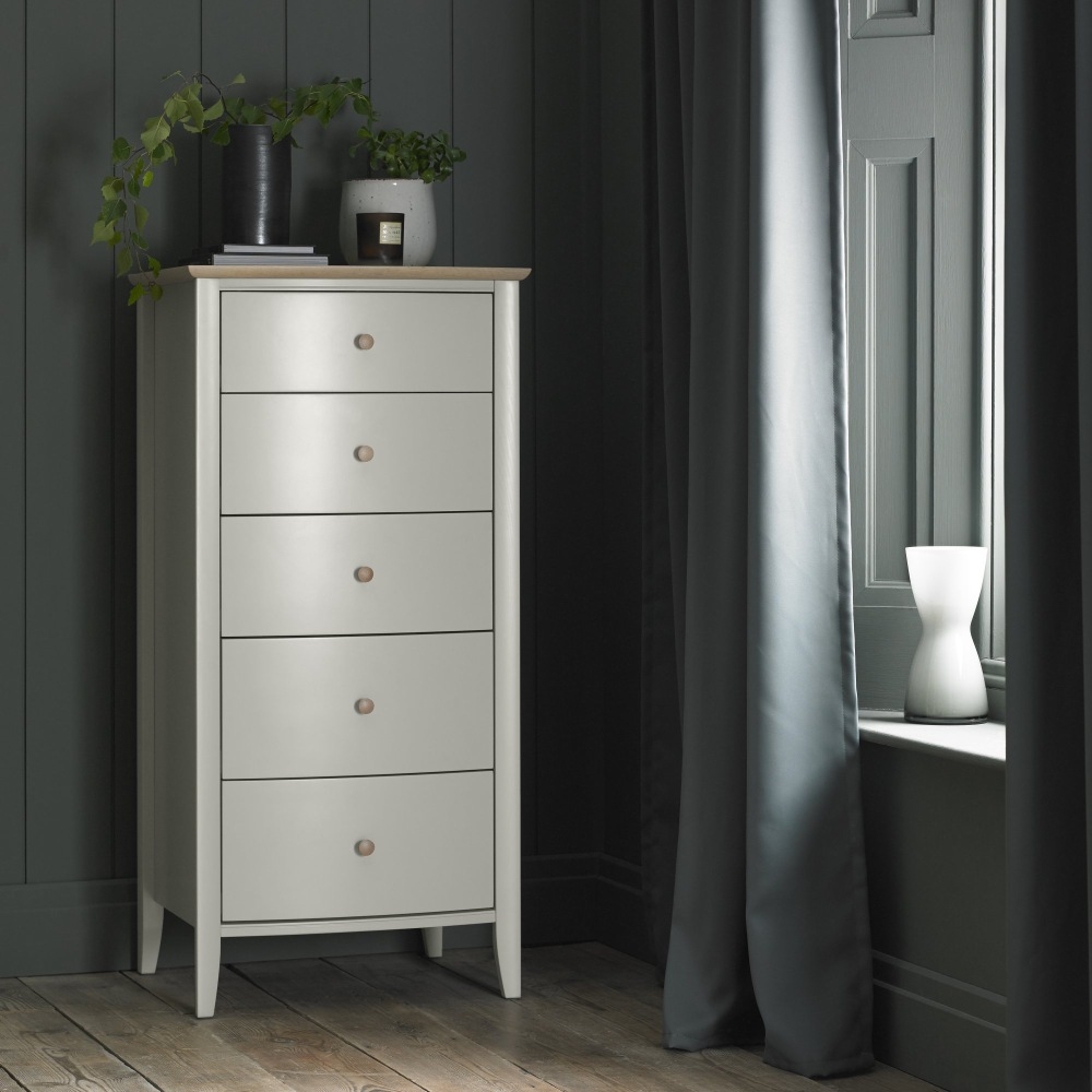 Product photograph of Bentley Designs Whitby Scandi Oak And Soft Grey 5 Drawer Chest from Choice Furniture Superstore.
