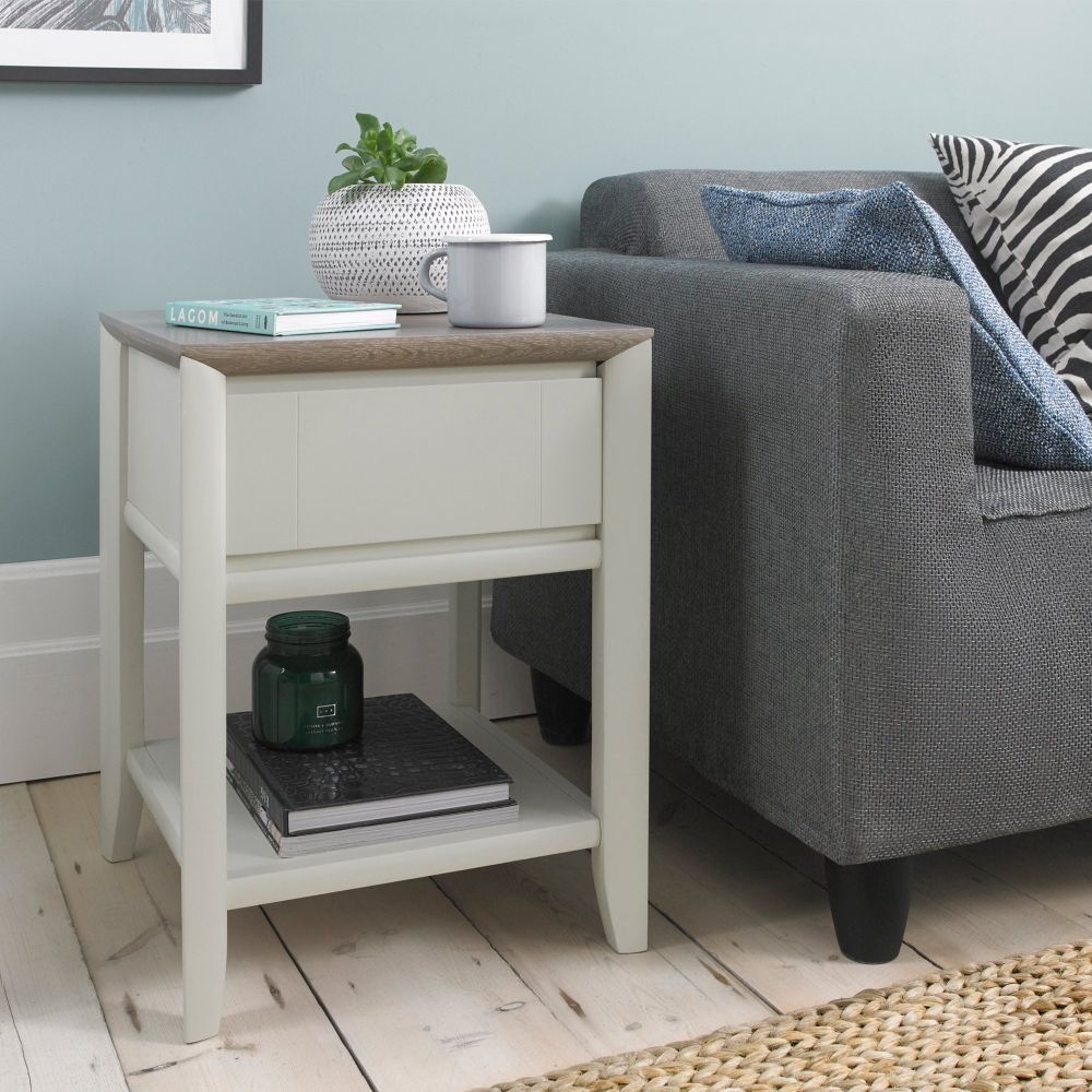Product photograph of Bentley Designs Bergen Grey Washed Oak And Soft Grey Lamp Table With Drawer from Choice Furniture Superstore.