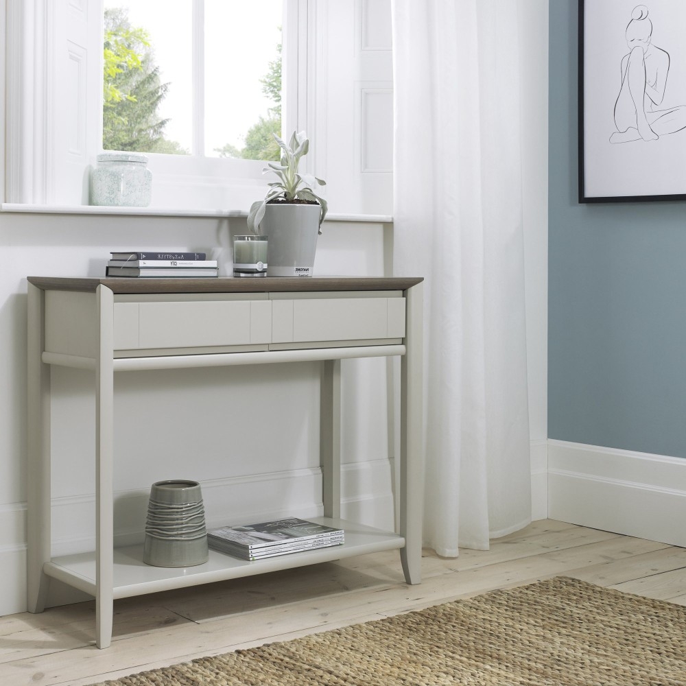 Product photograph of Bentley Designs Bergen Grey Washed Oak And Soft Grey Console Table With Drawer from Choice Furniture Superstore.