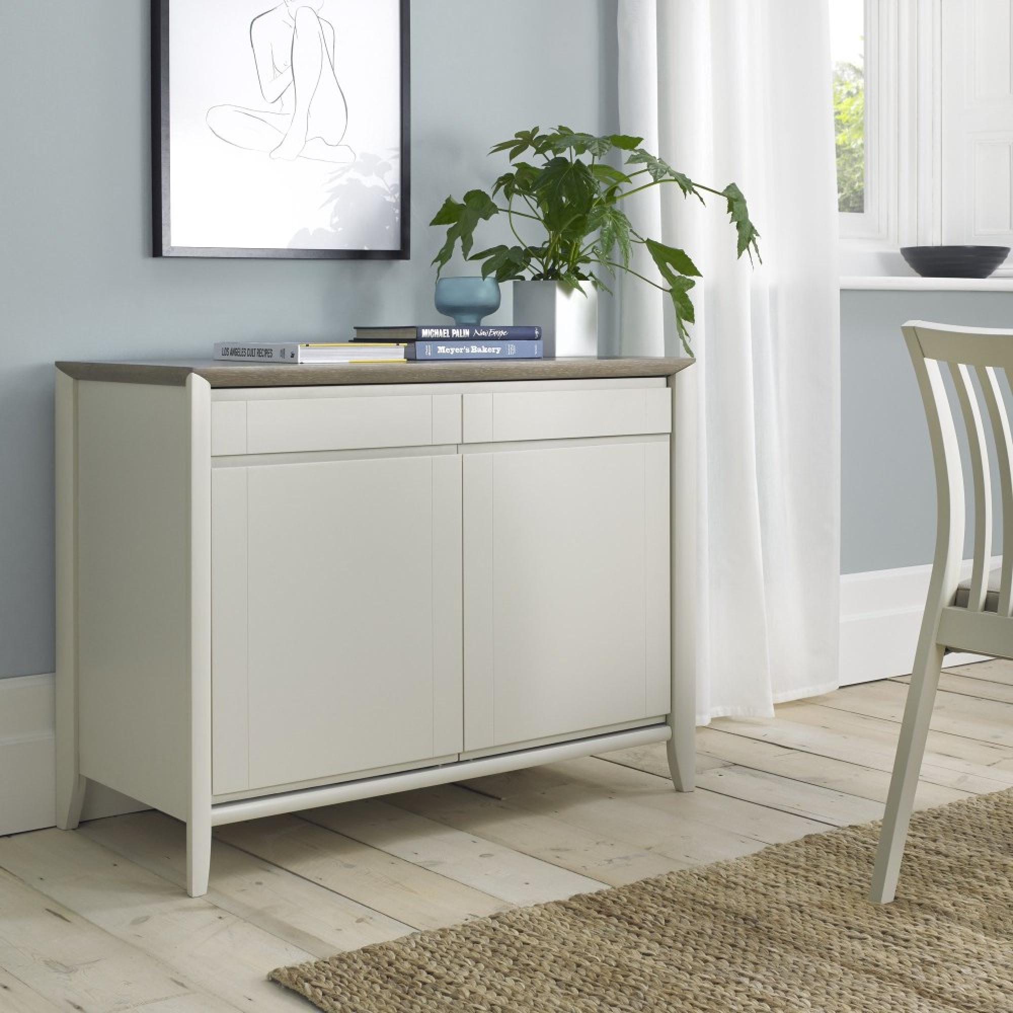 Product photograph of Bentley Designs Bergen Grey Washed Oak And Soft Grey Narrow 2 Drawer Sideboard from Choice Furniture Superstore.