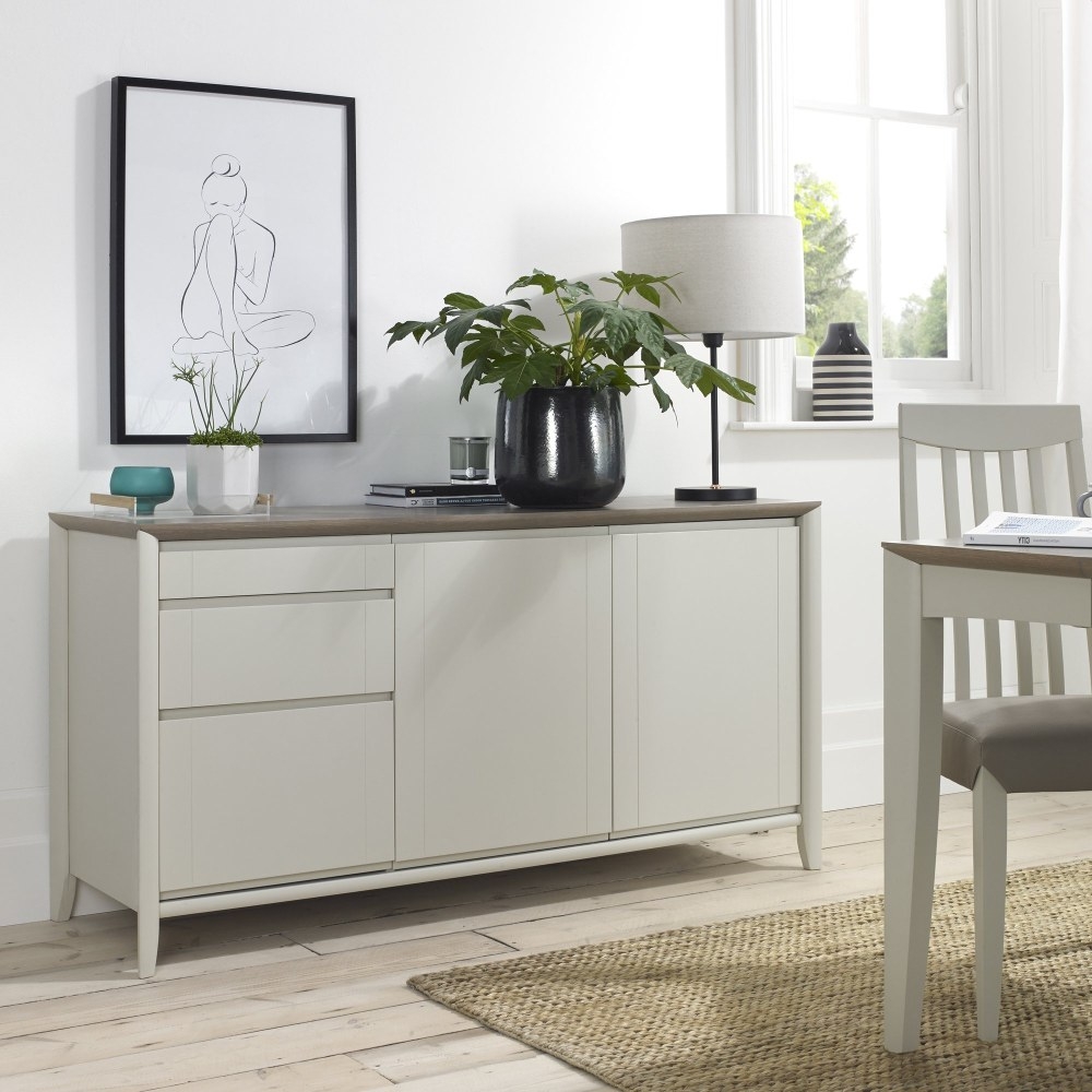 Product photograph of Bentley Designs Bergen Grey Washed Oak And Soft Grey Wide 3 Drawer Sideboard from Choice Furniture Superstore.