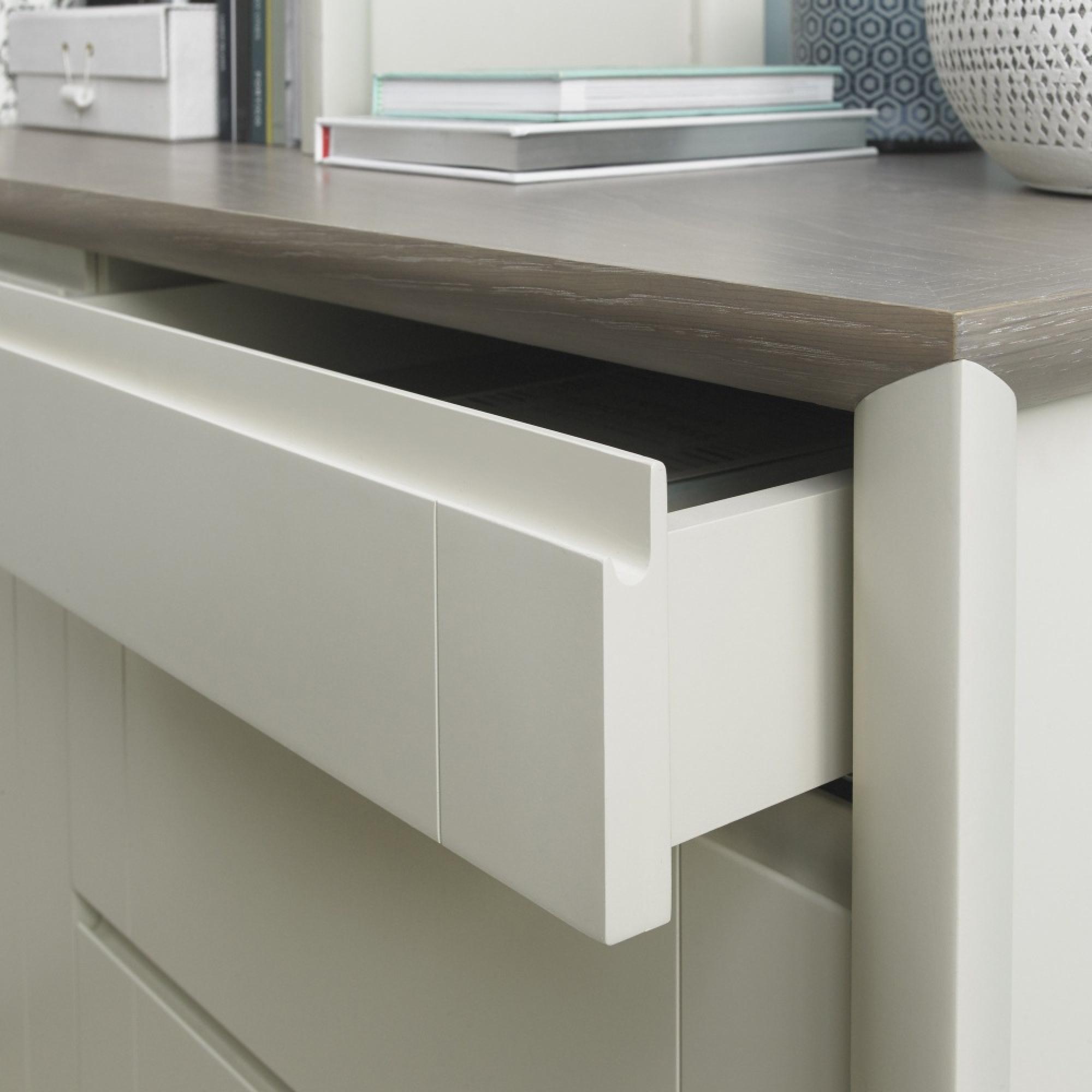 Product photograph of Bentley Designs Bergen Grey Washed Oak And Soft Grey Wide 3 Drawer Sideboard from Choice Furniture Superstore.