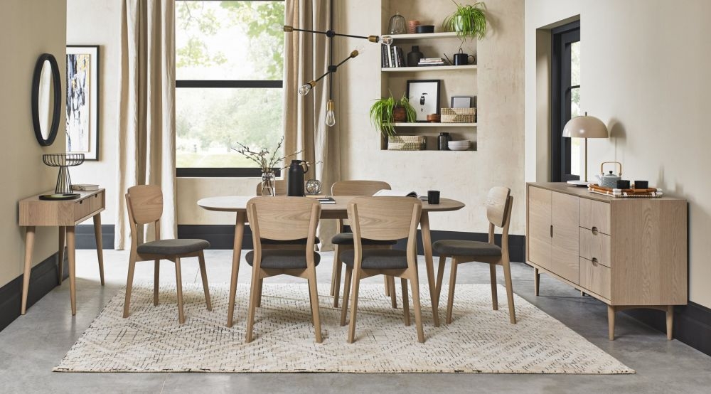 Product photograph of Bentley Designs Dansk Scandi Oak Dining Table Set With Cold Steel Fabric Veneer Back Chairs from Choice Furniture Superstore.