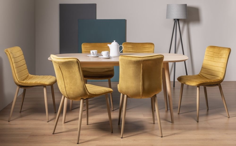 Product photograph of Bentley Designs Dansk Scandi Oak Dining Table Set With Eriksen Mustard Velvet Chairs from Choice Furniture Superstore.