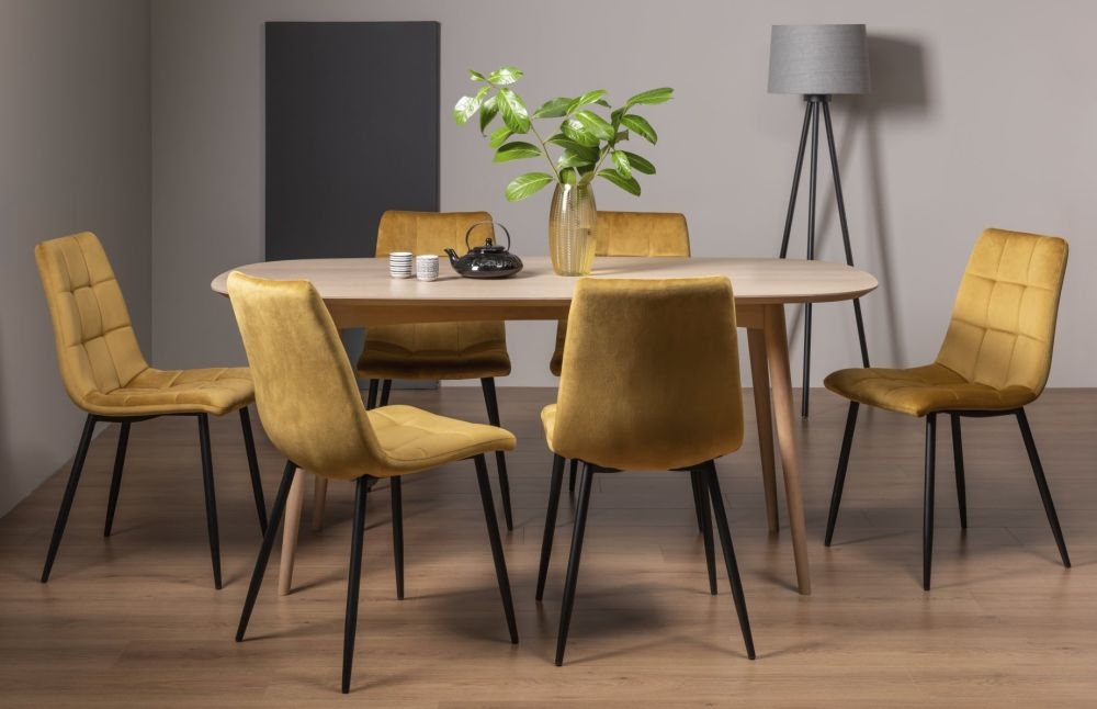 Product photograph of Bentley Designs Dansk Scandi Oak Dining Table Set With Mondrian Mustard Velvet Chairs from Choice Furniture Superstore.