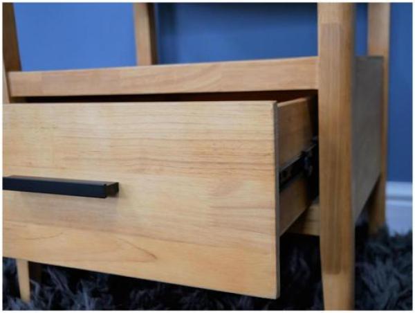 Product photograph of Dutch Rubber Wood And Black Glass 1 Drawer Bedside Cabinet from Choice Furniture Superstore.