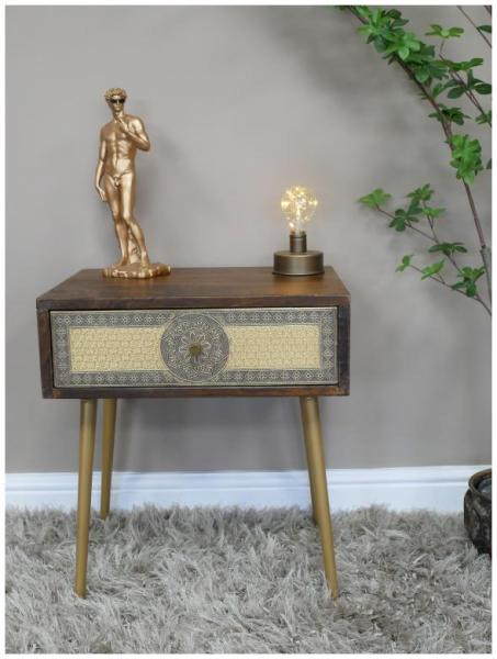 Product photograph of Dutch Mango Wood And Brass 1 Drawer Bedside Cabinet from Choice Furniture Superstore.