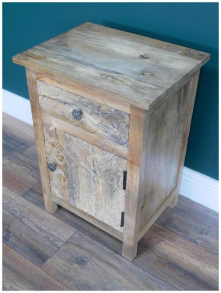 Product photograph of Dutch Carved Mango Wood 1 Door 1 Drawer Bedside Cabinet from Choice Furniture Superstore.