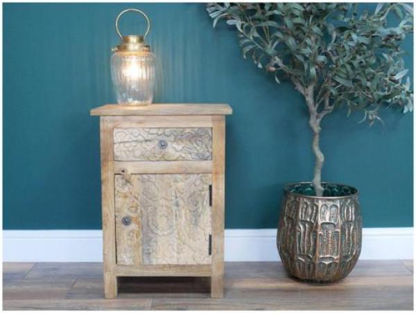 Product photograph of Dutch Carved Mango Wood 1 Door 1 Drawer Bedside Cabinet from Choice Furniture Superstore.