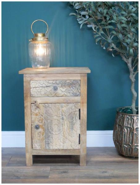 Product photograph of Dutch Carved Mango Wood 1 Door 1 Drawer Bedside Cabinet from Choice Furniture Superstore.