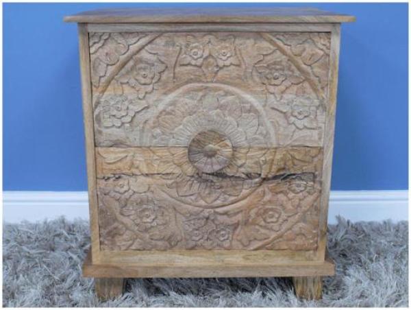 Product photograph of Dutch Industrial Wooden Carved Bedside Cabinet from Choice Furniture Superstore.