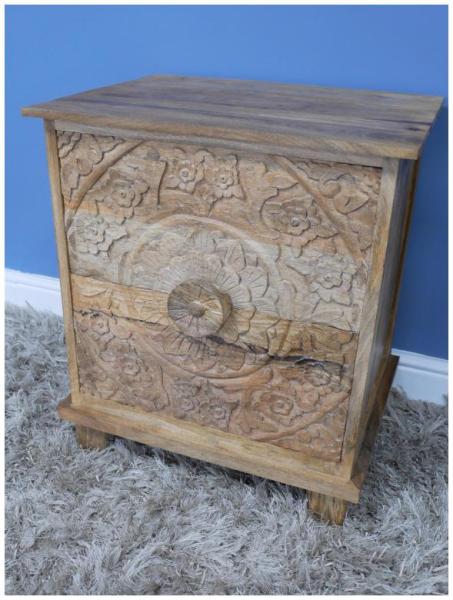 Product photograph of Dutch Industrial Wooden Carved Bedside Cabinet from Choice Furniture Superstore.