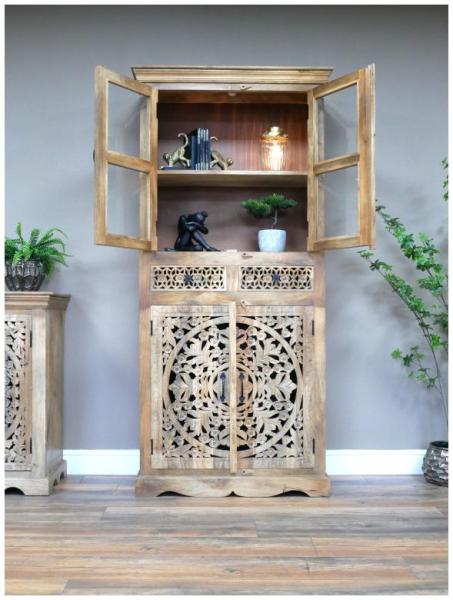 Product photograph of Dutch Mango Wood Tall Carved Display Cabinet from Choice Furniture Superstore.