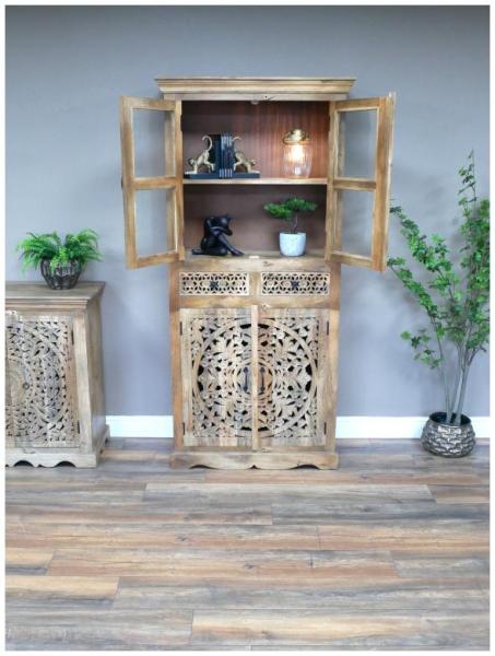 Product photograph of Dutch Mango Wood Tall Carved Display Cabinet from Choice Furniture Superstore.