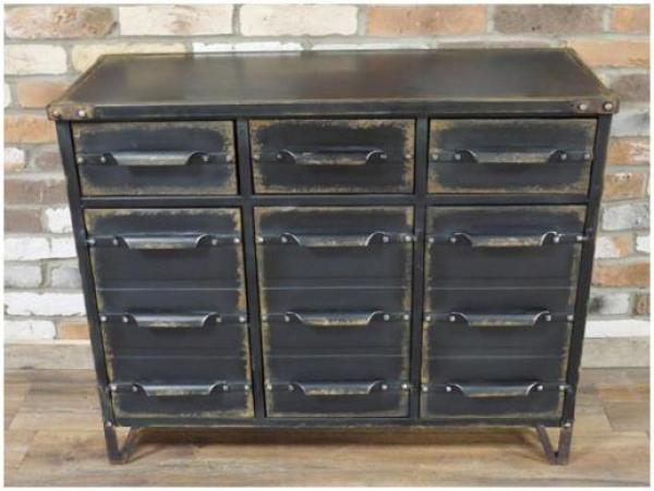 Product photograph of Dutch Industrial Distressed Black Metal Multi Drawer Cabinet from Choice Furniture Superstore.