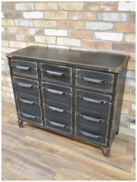 Product photograph of Dutch Industrial Distressed Black Metal Multi Drawer Cabinet from Choice Furniture Superstore.
