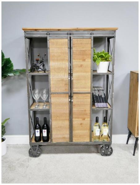 Product photograph of Dutch Industrial Fir Wood And Metal Wheels Cabinet from Choice Furniture Superstore.