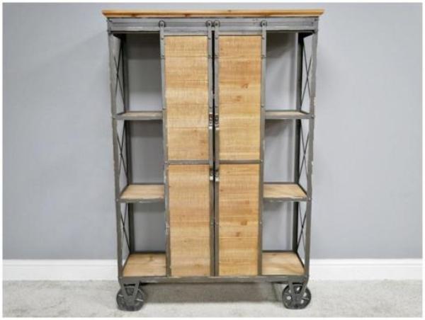 Product photograph of Dutch Industrial Fir Wood And Metal Wheels Cabinet from Choice Furniture Superstore.