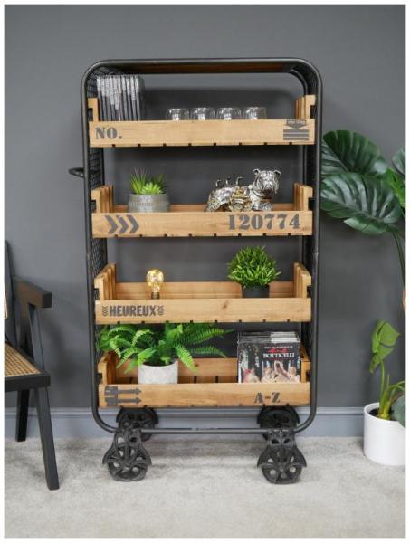 Product photograph of Dutch Industrial Fir Wood And Metal Wheels Shelves from Choice Furniture Superstore.
