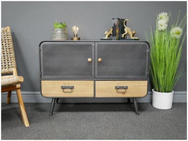 Product photograph of Dutch Retro Industrial Fir Wood 2 Door 2 Drawer Storage Cabinet from Choice Furniture Superstore.
