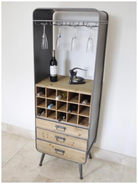 Product photograph of Dutch Retro Industrial Fir Wood And Metal 3 Drawer Wine Cabinet from Choice Furniture Superstore.