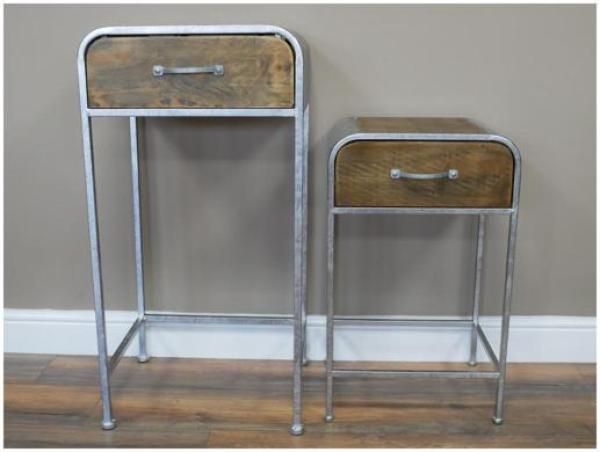 Product photograph of Dutch Industrial Wooden And Silver Metal Side Table - Set Of 2 from Choice Furniture Superstore.