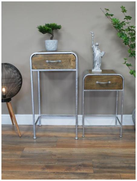 Product photograph of Dutch Industrial Wooden And Silver Metal Side Table - Set Of 2 from Choice Furniture Superstore.