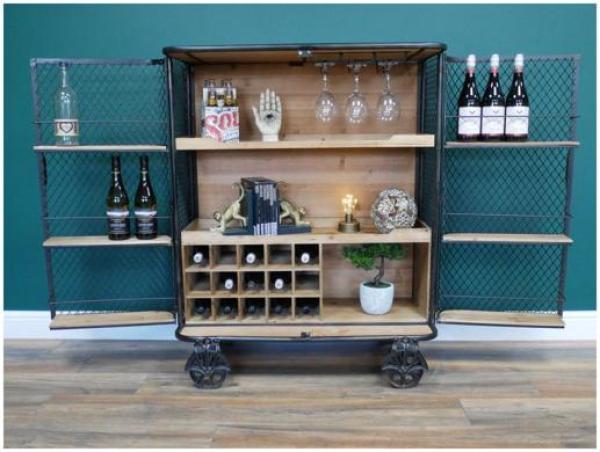 Product photograph of Dutch Industrial Fir Wood And Metal Bar Cabinet from Choice Furniture Superstore.