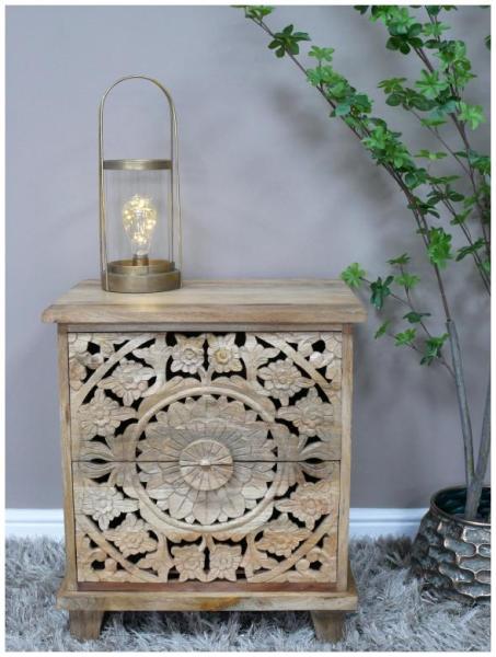 Product photograph of Dutch Carved Mango Wood 2 Drawer Bedside from Choice Furniture Superstore.