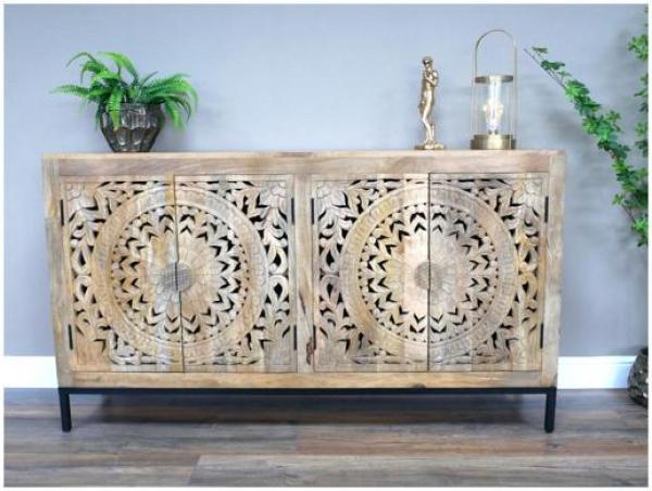 Product photograph of Dutch Mango Wood 4 Door Large Carved Sideboard from Choice Furniture Superstore.