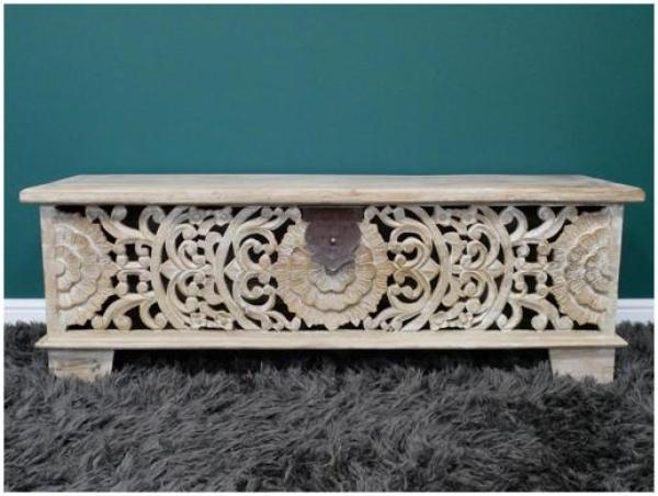 Product photograph of Dutch Mango Wood Carved Storage Bench from Choice Furniture Superstore.