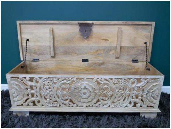 Product photograph of Dutch Mango Wood Carved Storage Bench from Choice Furniture Superstore.