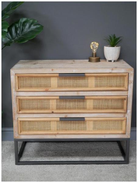 Product photograph of Dutch Fir Wood And Rattan 3 Drawer Chest from Choice Furniture Superstore.