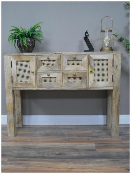 Product photograph of Dutch Acacia Wood And Rattan 2 Door 4 Drawer Side Table from Choice Furniture Superstore.