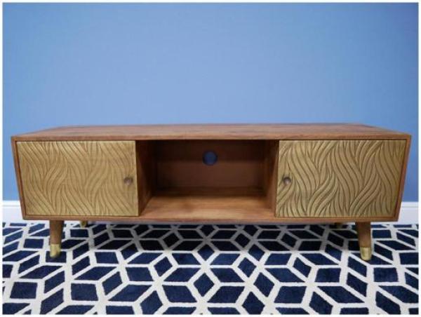 Product photograph of Dutch Mango Wood With Brass Cladding 2 Door Tv Cabinet from Choice Furniture Superstore.