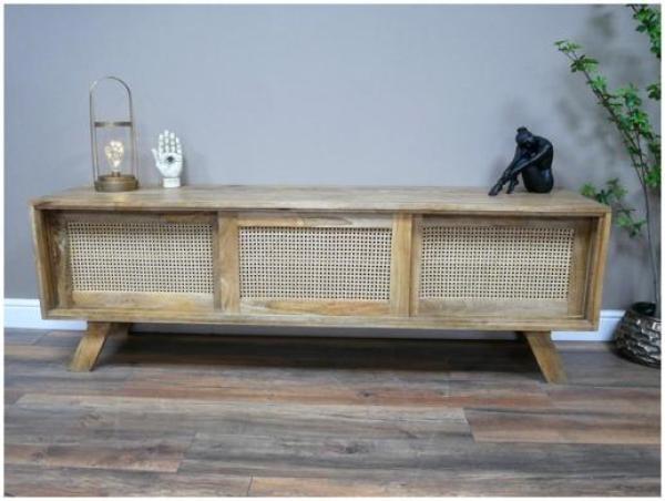 Product photograph of Dutch Acacia Wood And Rattan 3 Door Tv Cabinet from Choice Furniture Superstore.