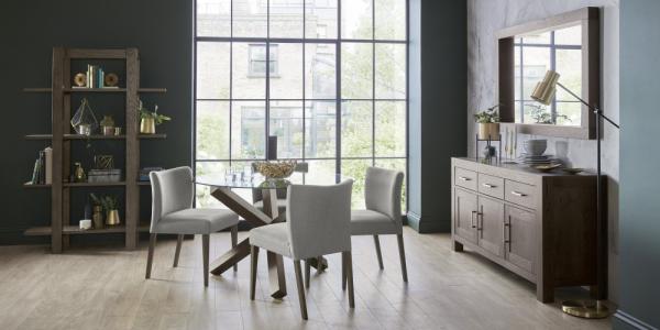 Product photograph of Bentley Designs Turin Dark Oak Circular Glass 4 Seater Round Dining Table - 120cm from Choice Furniture Superstore.