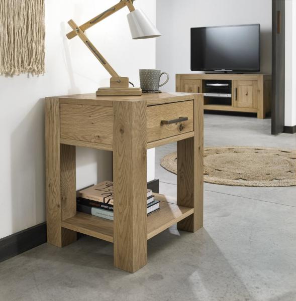 Product photograph of Bentley Designs Turin Light Oak Lamp Table With Drawer from Choice Furniture Superstore.
