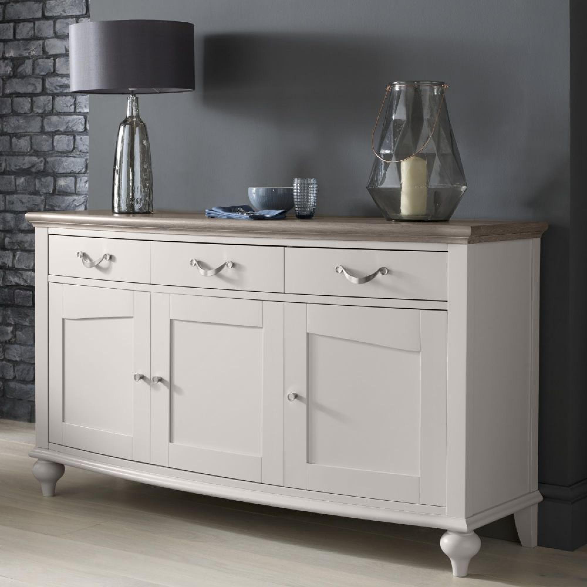 Product photograph of Bentley Designs Montreux Grey Washed Oak And Soft Grey 3 Drawer Wide Sideboard from Choice Furniture Superstore.