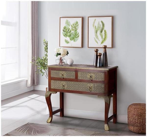 Product photograph of Drake Solid Mango Tree Wood 3 Drawer Console Table from Choice Furniture Superstore.