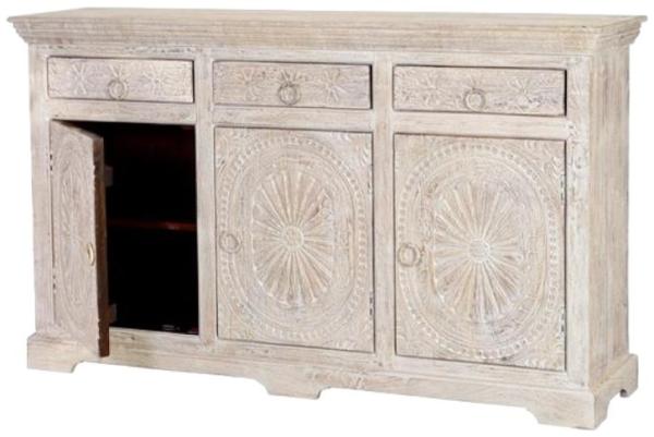 Product photograph of Rrethi Carved Mango Wood 3 Door 3 Drawer Medium Sideboard from Choice Furniture Superstore.