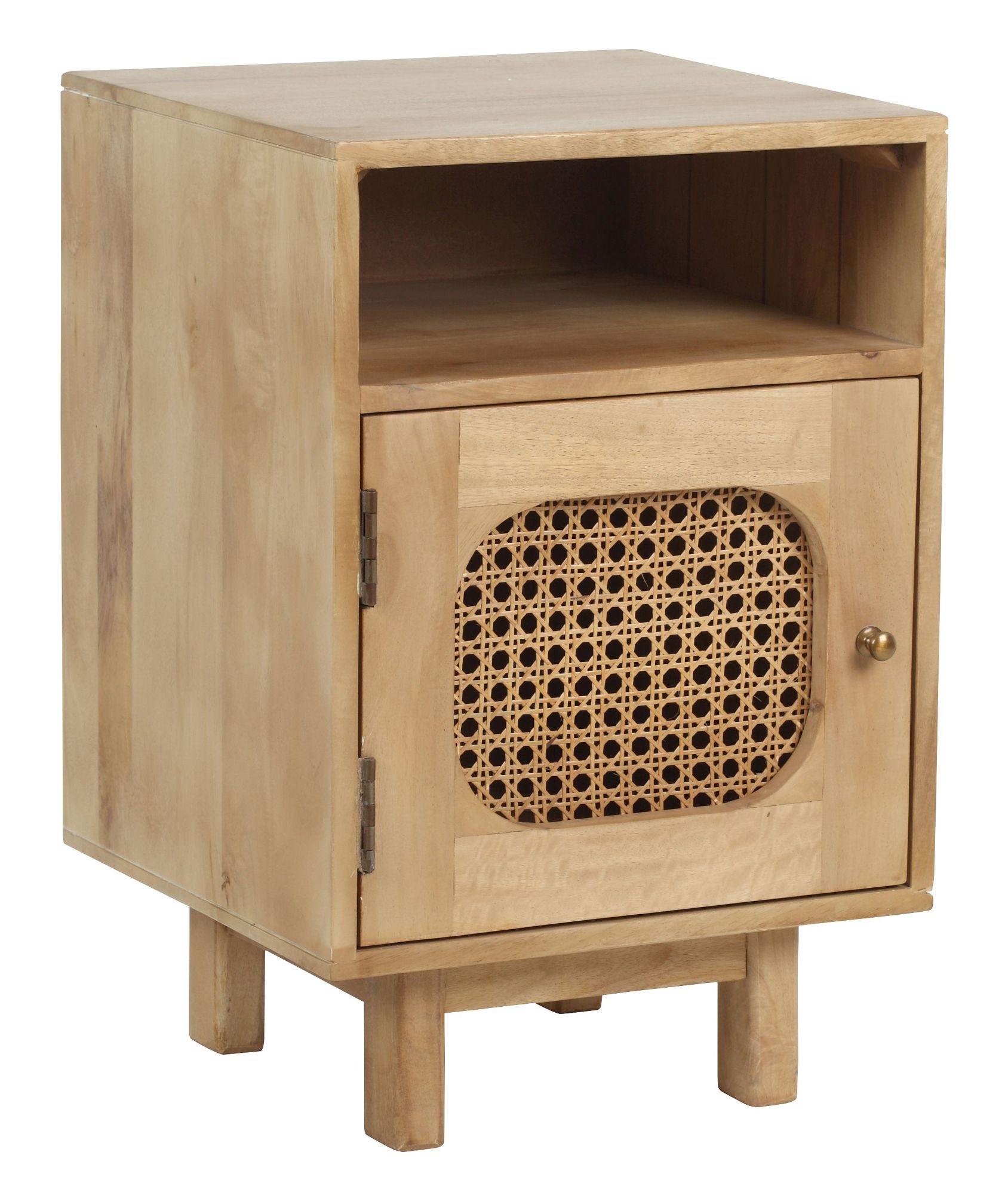 Product photograph of Indi Wood And Rattan 1 Door Bedside Cabinet from Choice Furniture Superstore.