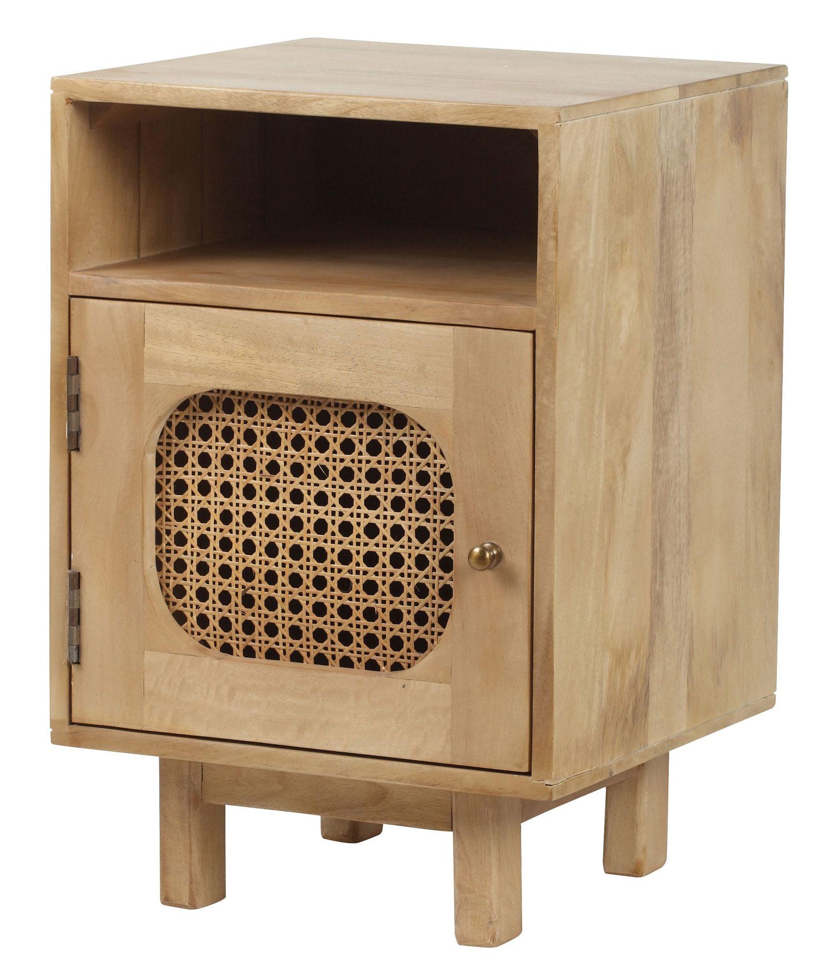 Product photograph of Indi Wood And Rattan 1 Door Bedside Cabinet from Choice Furniture Superstore.
