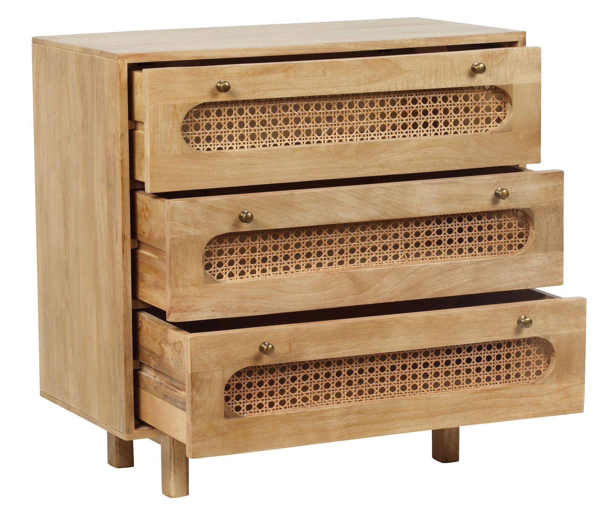 Product photograph of Indi Wood And Rattan 3 Drawer Chest from Choice Furniture Superstore.