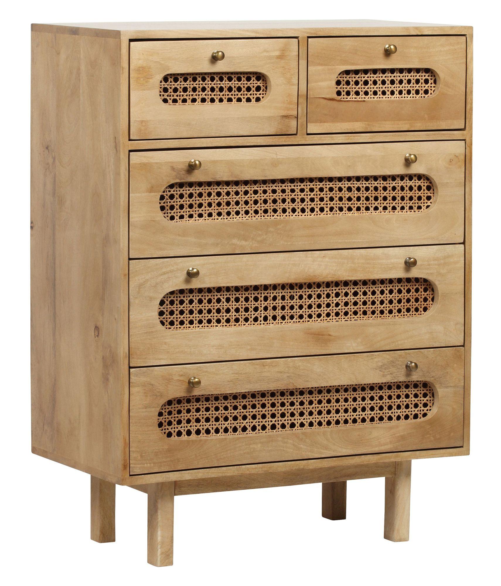Product photograph of Indi Wood And Rattan 5 Drawer Chest from Choice Furniture Superstore.