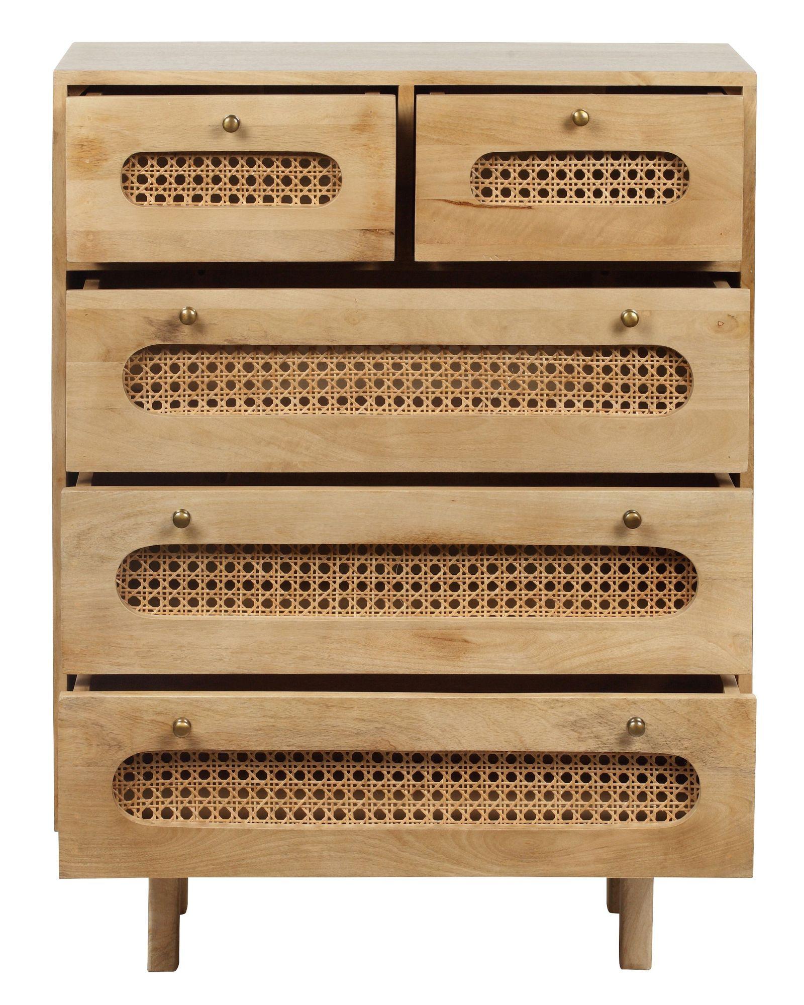 Product photograph of Indi Wood And Rattan 5 Drawer Chest from Choice Furniture Superstore.