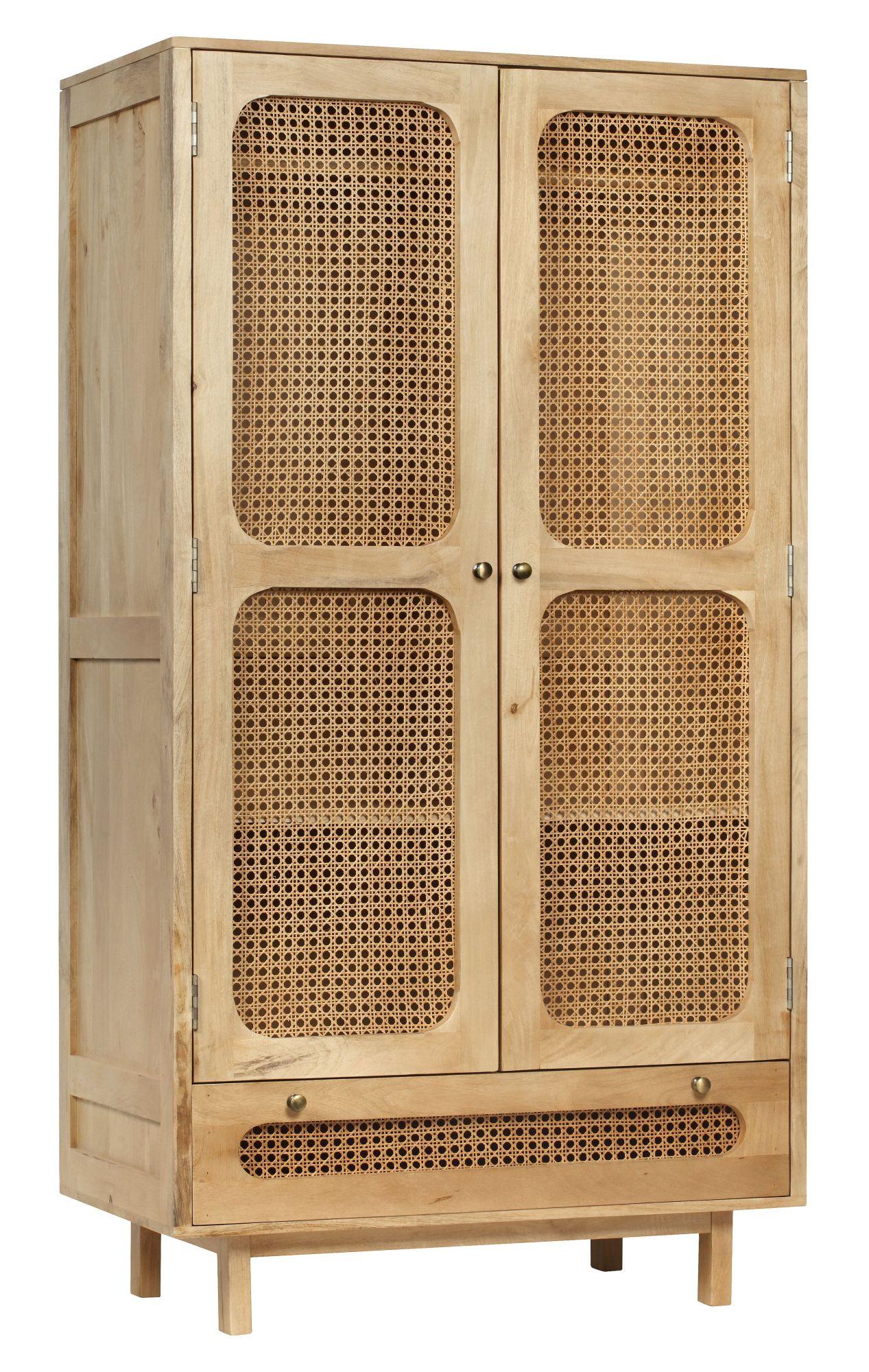 Product photograph of Indi Wood And Rattan 2 Door 1 Drawer Combi Wardrobe from Choice Furniture Superstore.