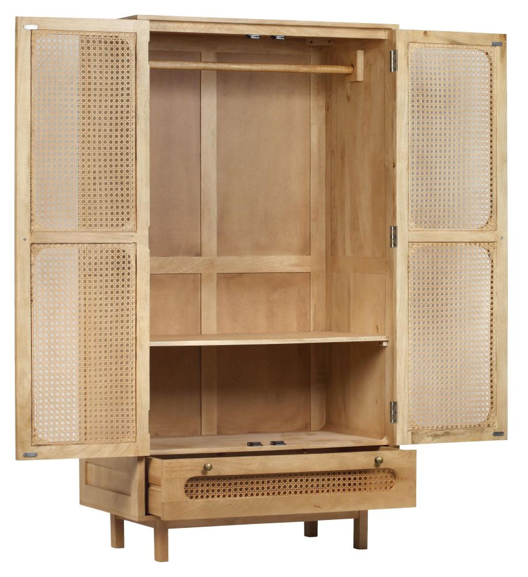 Product photograph of Indi Wood And Rattan 2 Door 1 Drawer Combi Wardrobe from Choice Furniture Superstore.