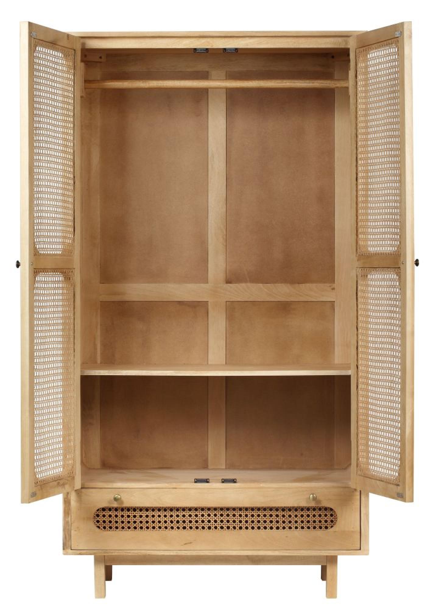 Product photograph of Indi Wood And Rattan 2 Door 1 Drawer Combi Wardrobe from Choice Furniture Superstore.